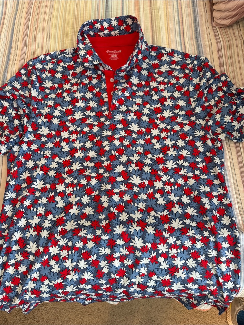 Good Good Golf Men's Red, Blue & White Floral-Print Polo Size Large EUC